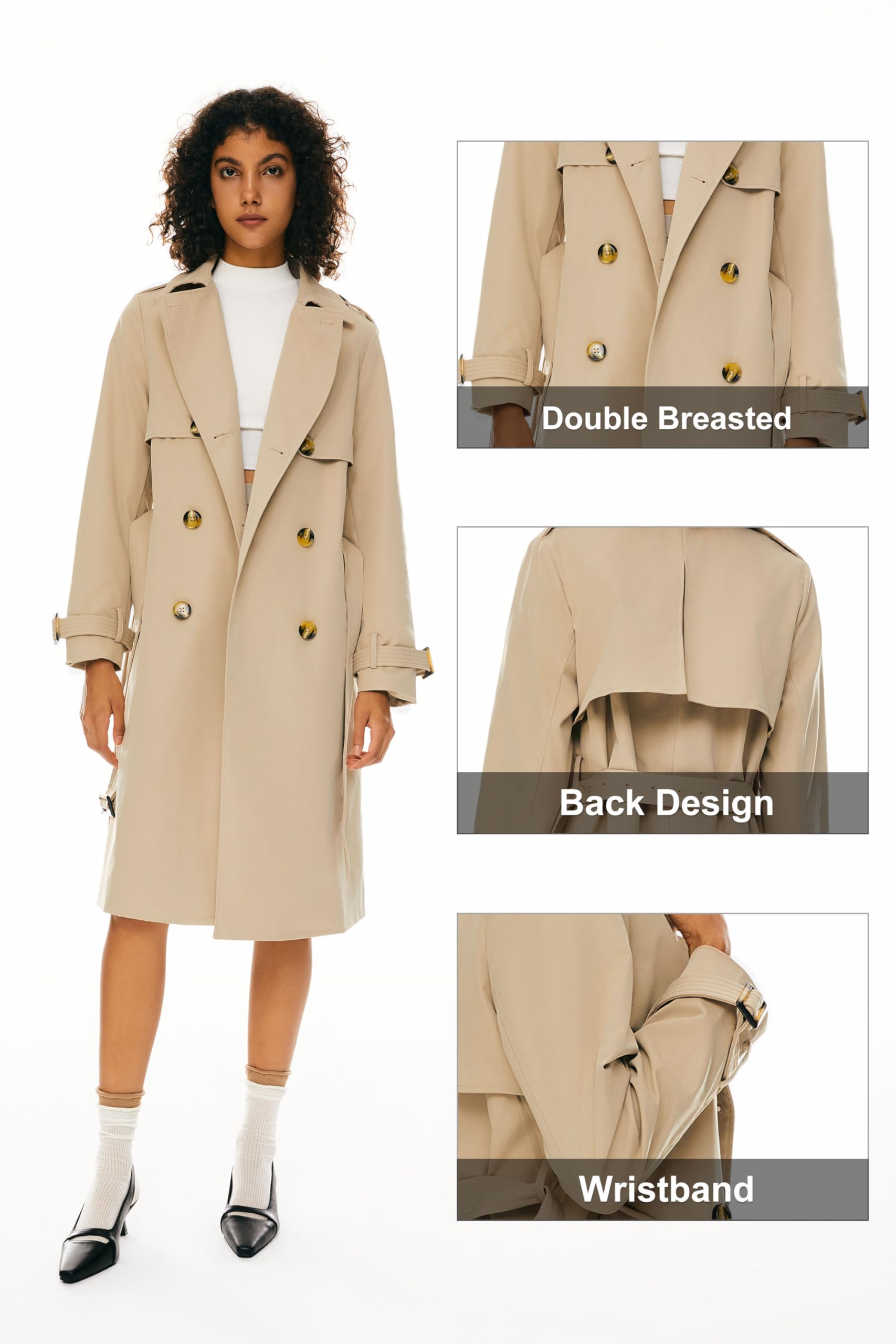 Orolay Women's 3/4 Length Double Breasted Trench Coat Lapel Jacket with Belt