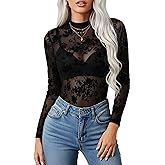 BemorRun Floral Mesh Long Sleeve Tops for Women Mock Neck See Through Fitted Sexy Going Out Top