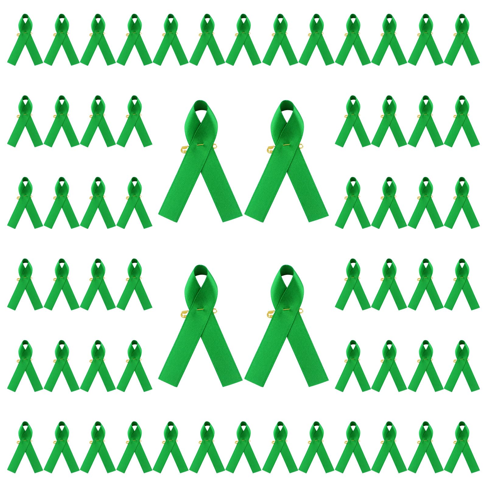 CRAFFANCY 200 Pcs Green Mental Health Awareness Ribbons with Safety Pins, Satin Print Ribbons for Women or Man Charity Public Social Event Public