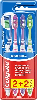 Cepillo de dientes Extra Clean medio, limpia alcanzando hasta los dientes posteriores Pack 2+2, Multicolor (CP21509)