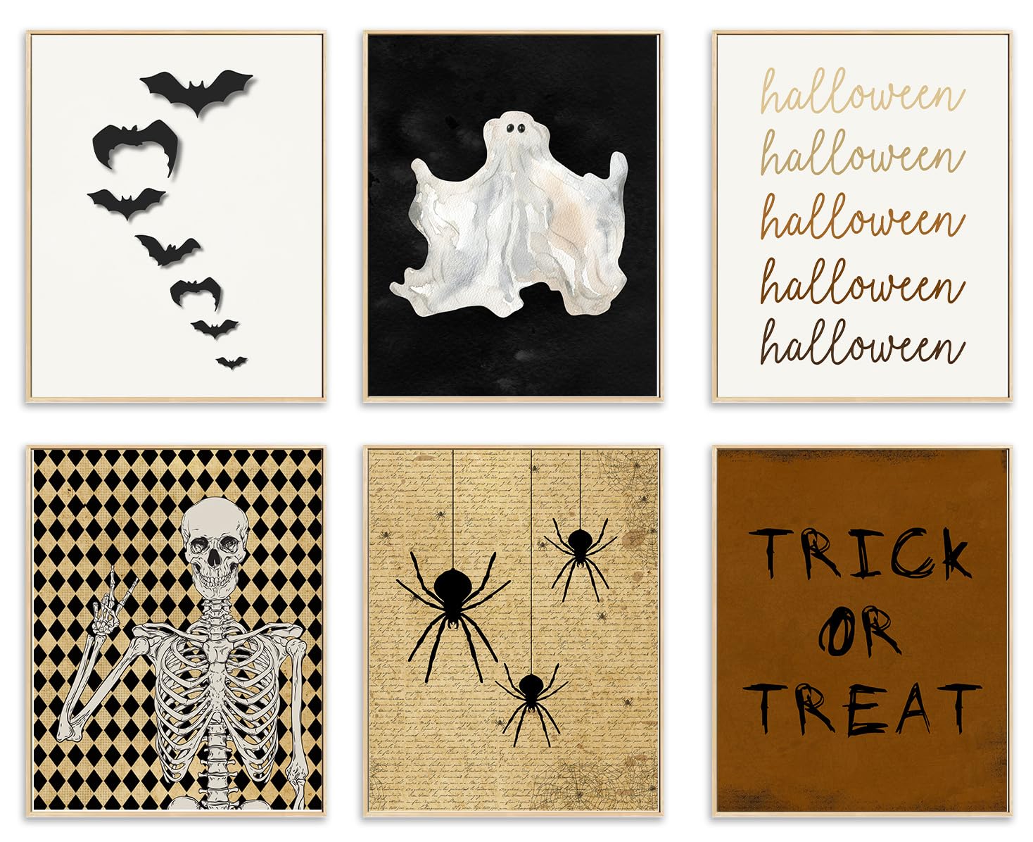 AUNMER 6Pcs Halloween Wall Art Prints,Vintage Halloween Room Decor, Skeleton Ghost Bat Spider Spooky Gothic Wall Art Posters,for Halloween Gallery Living Room Bedroom Kids Room Decor (8 x 10 Inch)