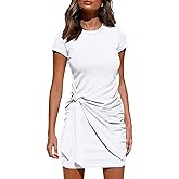 BTFBM Women 2026 Spring Casual Short Sleeve Ruched Bodycon Tank T Shirt Dress Tie Waist Sun Beach Summer Mini Dresses