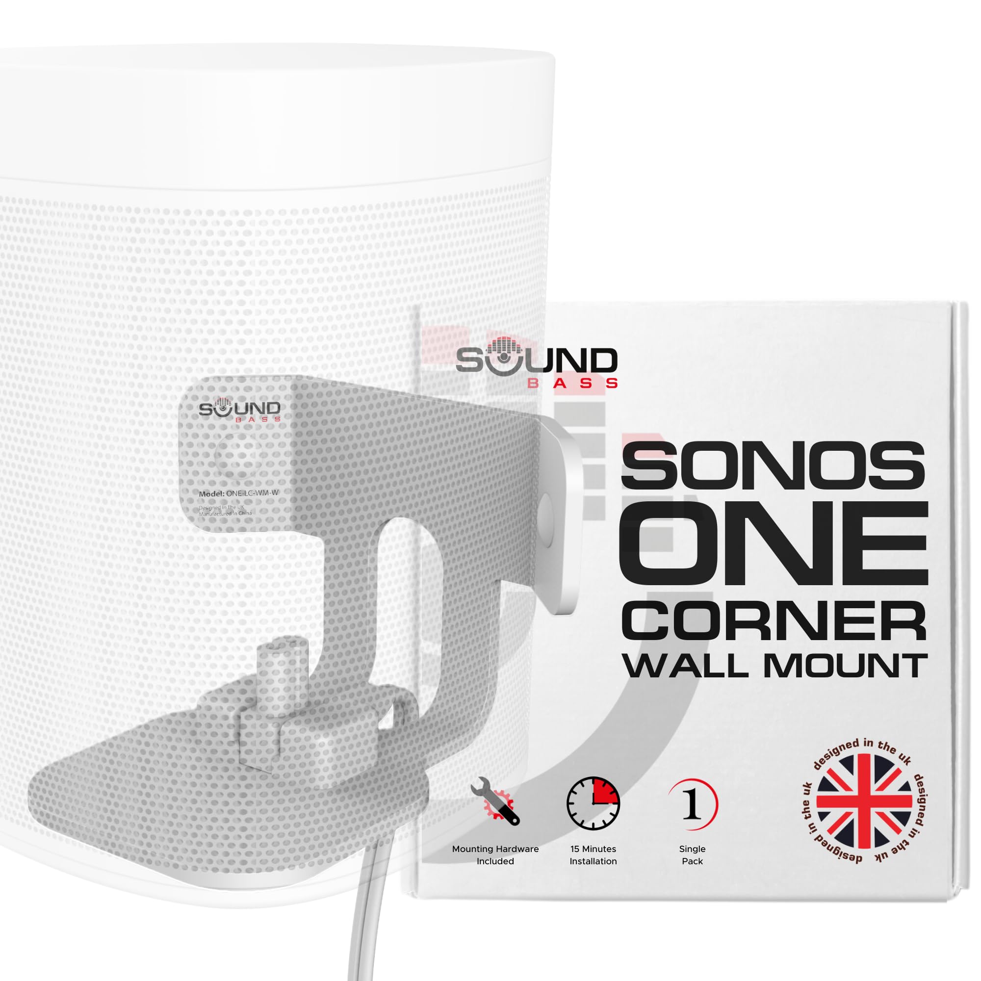 Sound Bass ONE Corner Wall Mount Bracket - Low Profile, White, Single (1pc), Complete with All Mounting Hardware Compatible with ONE, ONE Gen 2, ONE SL & Play:1 Speaker