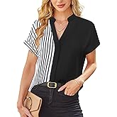 Avanova Women Color Block V Neck Short Sleeve Blouses Shirts Work Elegant Dressy Tops