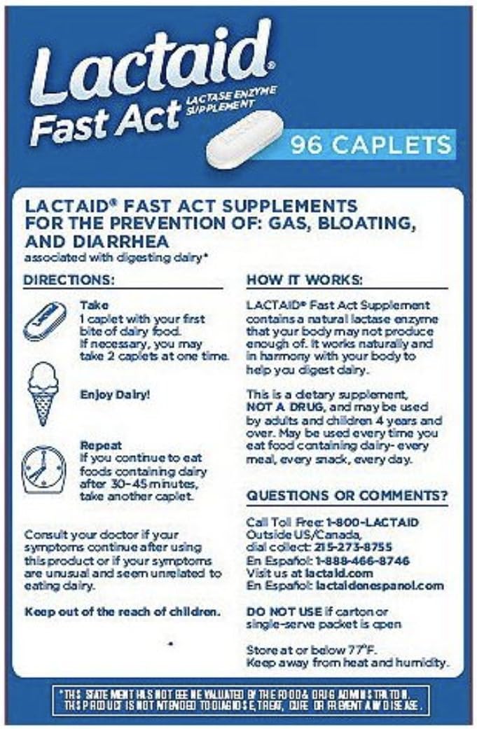 Lactaid Fast Act Lactase Enzyme Supplement, 96 ct.: Health & Personal Care