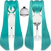 JoneTing 120CM/47inches Green Wigs【+Hair Cap】 Long Greenish Wig with 2 Ponytails for Women Long Straight Green Wigs with Bangs for Cosplay Wig Synthetic Hair for Halloween Christmas Party