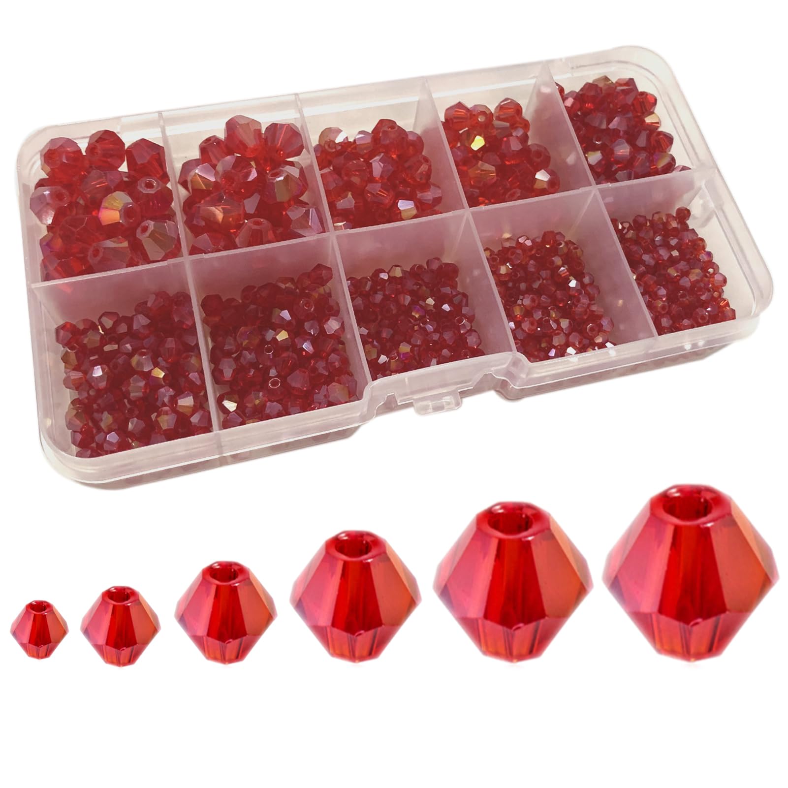 FAPUMOE Red Crystal Bicone Faceted Glass Beads(900 Pieces, 2/3/4/5/6/8mm), Rondelle Beads with AB Color Assorted Spacer Loose Beads for Crafts Jewelry Making Necklace Bracelet Earrings