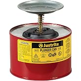 Justrite Plunger Can for Solvents, 2 Quarts Capacity, Made in the USA, Red | 7.4" x 7.25", Solvent Dispenser Can, Galvanized Steel, Flame Arrester Screen, FM Approved