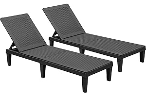 GUNJI Lounge Chairs for Outside Patio Waterproof Resin Chaise Lounge Outdoor Adjustable Lounge Chairs Set of 2 Pool Chairs Sun Loungers for Deck, Poolside and Beach (Black)