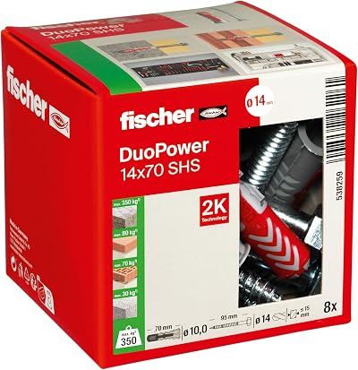 fischer DuoPower 14 x 70 S Plug with Safety Screw 8 pcs + 8 screws