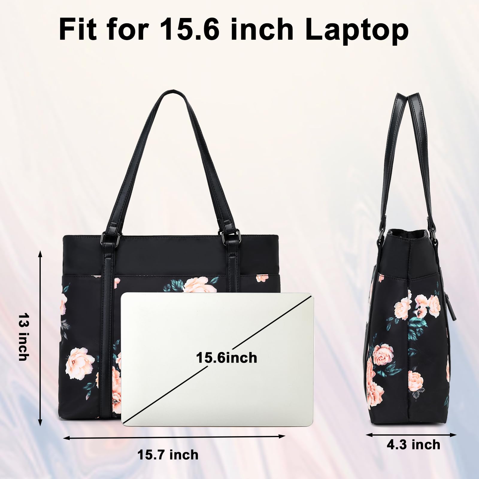 Laptop Tote Bag Womens Work Bags Purse Floral Teacher Handbag Shoulder Bag fit 15.6 in Laptop (Black - Peony Floral)