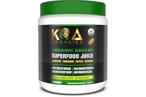 KOA Organics Greens Superfood Juice Powder - USDA Organic Super Greens Powder with with Spirulina, Chlorella, Matcha, Wheat Grass, Digestive Enzymes & Probiotics - Lemon Flavor -30 ServQ