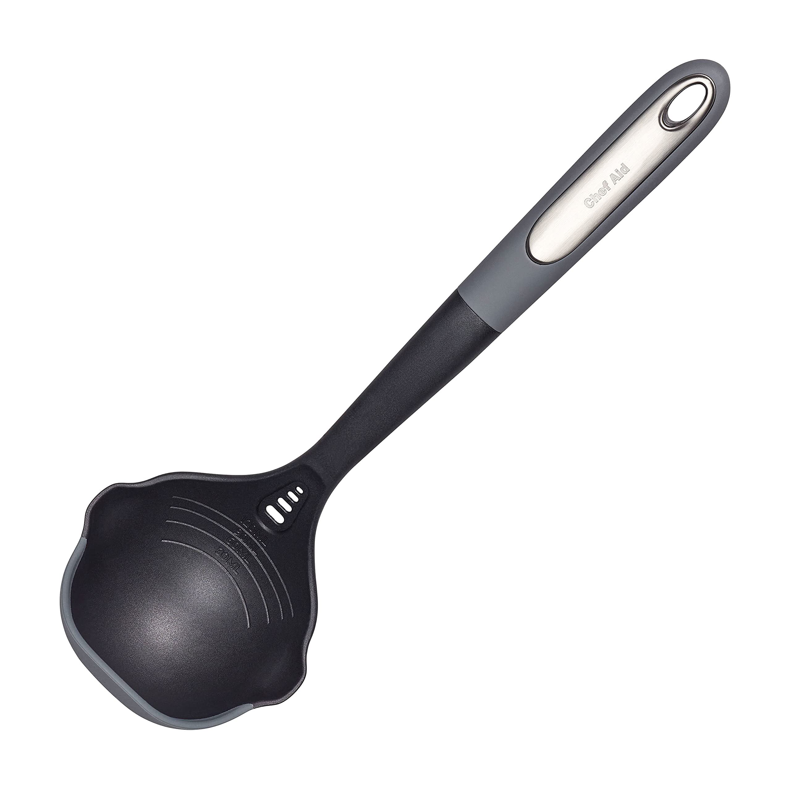 Chef Aid Nylon Ladle Serving Tool with Milliliters Markings, Versatile Serving Tool with Nylon Head and Silicone Edge, Comfort Grip Handle and Hanging Hook, BPA Free and Dishwasher Safe