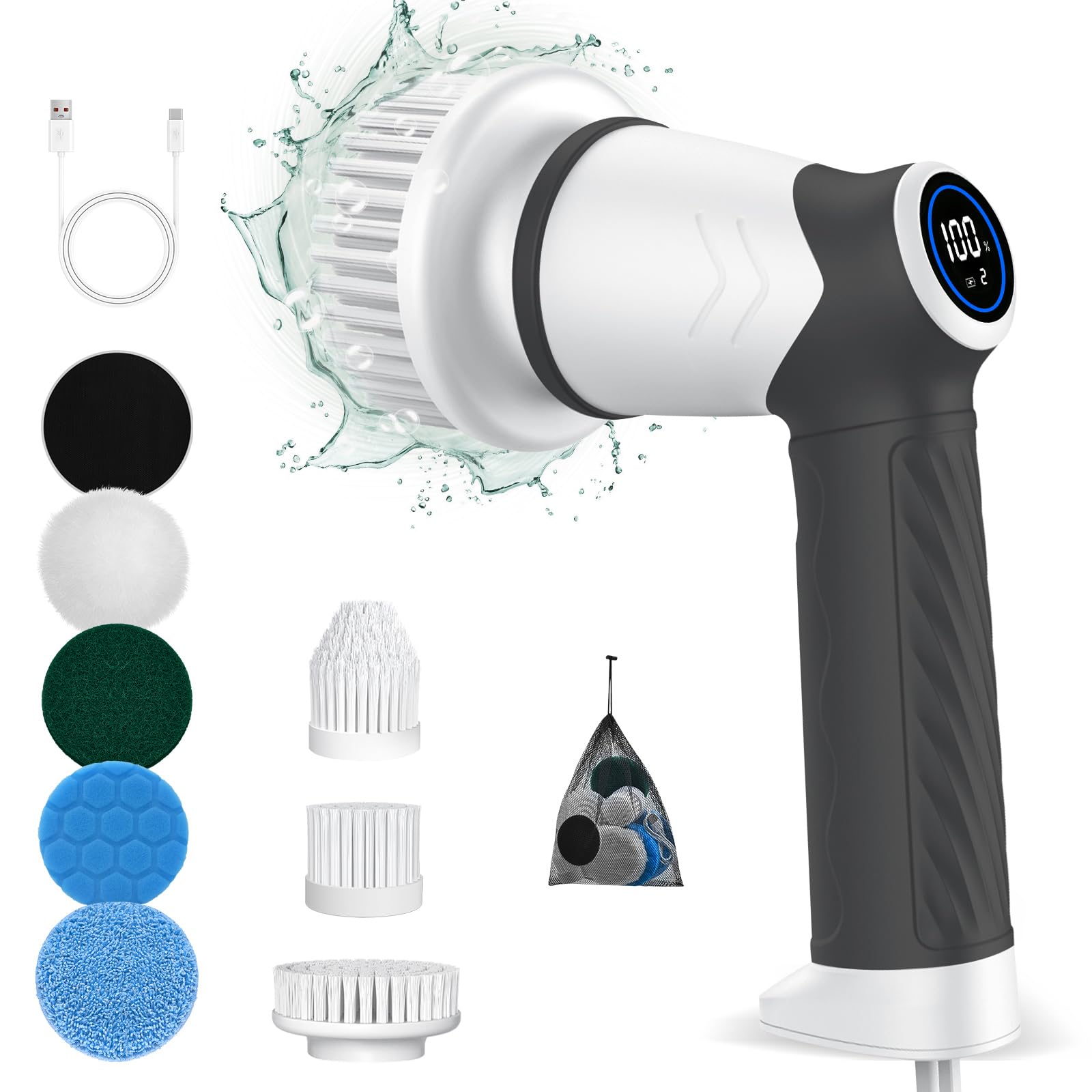 Electric Spin Scrubber cordless,IPX7 Waterproof Electric Cleaning Brush with 7 Replacement Heads, Intelligent 2 Speed Shifting,Electric Scrubber for Bathroom,Kitchen,Tile,Garden,Floor/car (Black)