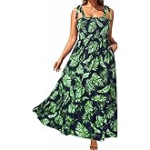 Pinup Fashion Women Plus Size Summer Maxi Dress Casual Smocked Bust Long Sundress with Pockets