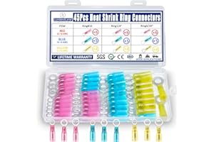 LORDANDLAND 45PCS Marine Grade Heat Shrink Ring Connectors Heat Shrink Wire Connectors Tinned Red Copper #10,1/4",5/16"(3Colors/12Sizes),16-14 22-16 12-10 Gauge Insulated Crimp Connector Assortment