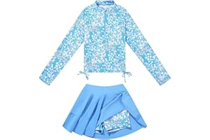 URMAGIC Girls Rash Guard Two Piece Swimsuit Long Sleeve UPF 50+ Bathing Suit Swim Skirt with Shorts Tankini Swimwear 4-10Y