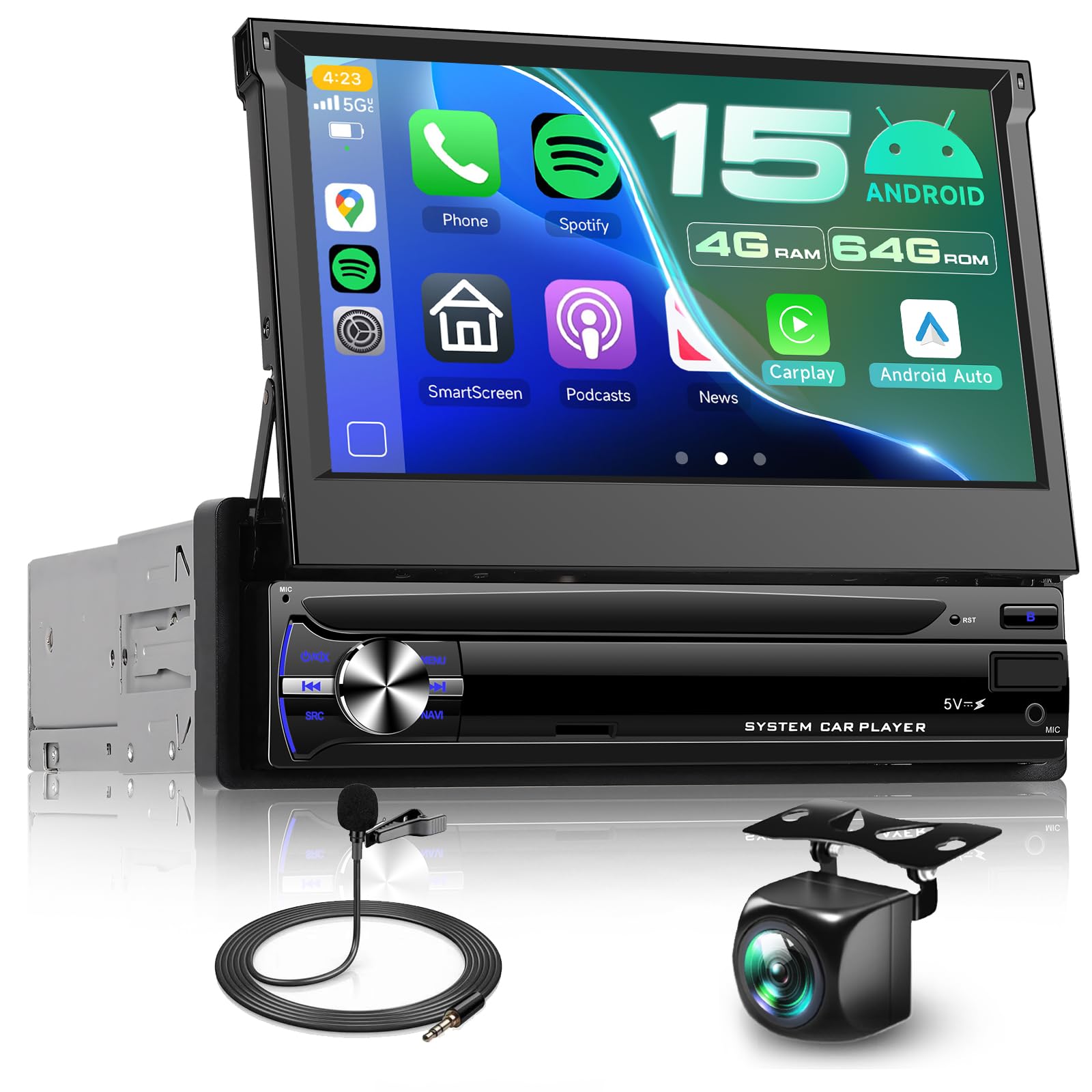 Photo 1 of [4G+64G] Android 15 Single Din Flip Out Car Stereo with Wireless Carplay & Android Auto, Hodozzy 7 Inch Touch Screen with GPS Navigation, Bluetooth,WiFi,FM/RDS Radio & USB,Reverse Camera