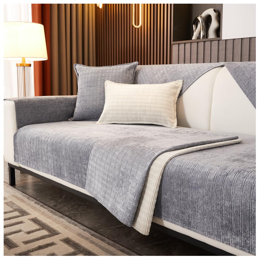 asskanaer Corduroy Sofa Cover 1/2/3/4 Seater, Non-slip Sofa Slipcovers Universal Corner Sofa Cushion Cover L Shape Furniture Protector for Living Room(Grey, 70 * 120cm)