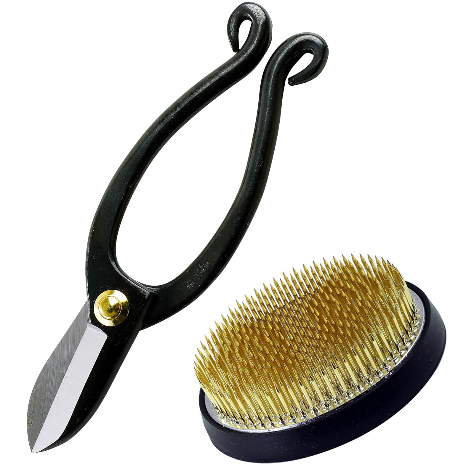 Wazakura 2PCS Japanese Ikebana Floral Arrangement Essential Tool Set MADE IN JAPAN [ Ikenobo Scissors + 80mm Round Brass Kenzan Kit ]