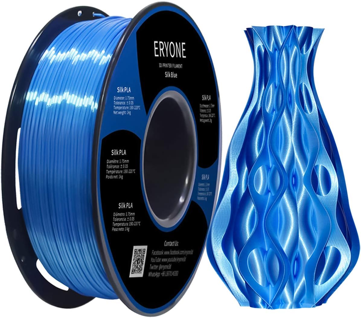 Eryone Silk PLA Filament 1.75mm, Silky Shiny 3D Printing Material for 3D Printer and 3D Pen, 1kg 1 Spool, 1.75mm, Blue