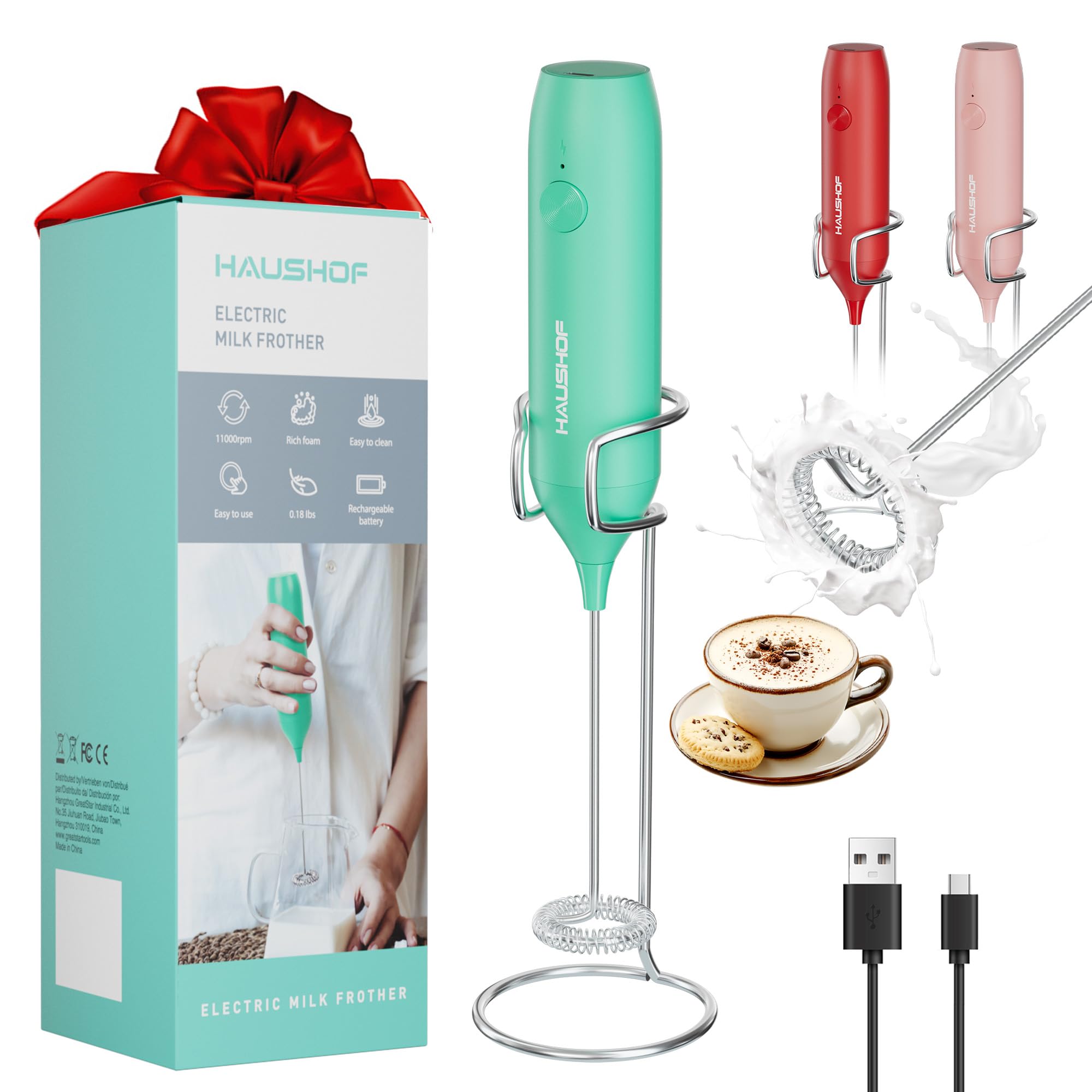 Photo 1 of HAUSHOF Powerful Rechargeable Milk Frother Wand with Stand, Handheld Electric Foam Maker, Drink Mixer with Detachable Stainless Steel Whisk for Coffee Latte, Cappuccino, Matcha, Green