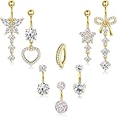 YADOCA 316L Surgical Steel Gold Dangle Belly Button Ring for Women Silver Dangly Belly Rings 14G Hypoallergenic Navel Belly Button Piercing Jewelry Bow Heart 10mm/12mm Barbell Length