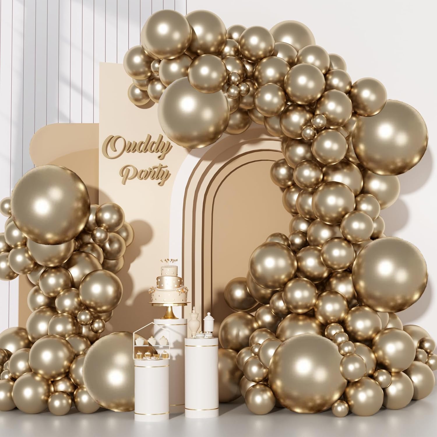 Ouddy Party 129Pcs Chrome Gold Balloons Different Sizes 18 12 10 5 Inch, 6Pcs 18”Champagne Metallic Gold Balloon Arch Garland Kit, Latex Balloons for Birthday Christmas Holiday Party Decorations