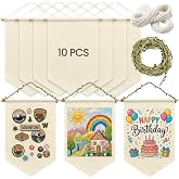 10 Pcs Beige Blank Canvas Banner Set, Fabric Banners &amp; Canvas Flags | DIY Banner &amp; Fabric Sign with Wooden Dowels, Burlap Leaf Ribbon Twine &amp; White Cotton String for Badges, Patches &amp; D&eacute;cor
