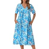 ETOSELL Nightgowns for Women Soft Short Sleeve Sleepshirt House Dress with Pockets Pleated Moo Moo Mumu Nightshirt Loungewear