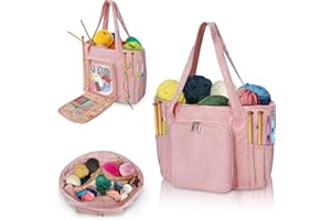 ORKELS Large Corduroy Crochet Tote & Yarn Bag – Portable Organizer for Yarn, Hooks & Accessories – Ideal Gift for Crocheters, Pink
