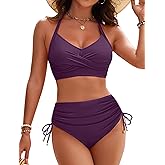 Blooming Jelly Womens High Waisted Bikini Sets Drawstring Tummy Control Swimsuits Crisscross Tie Back Bathing Suit