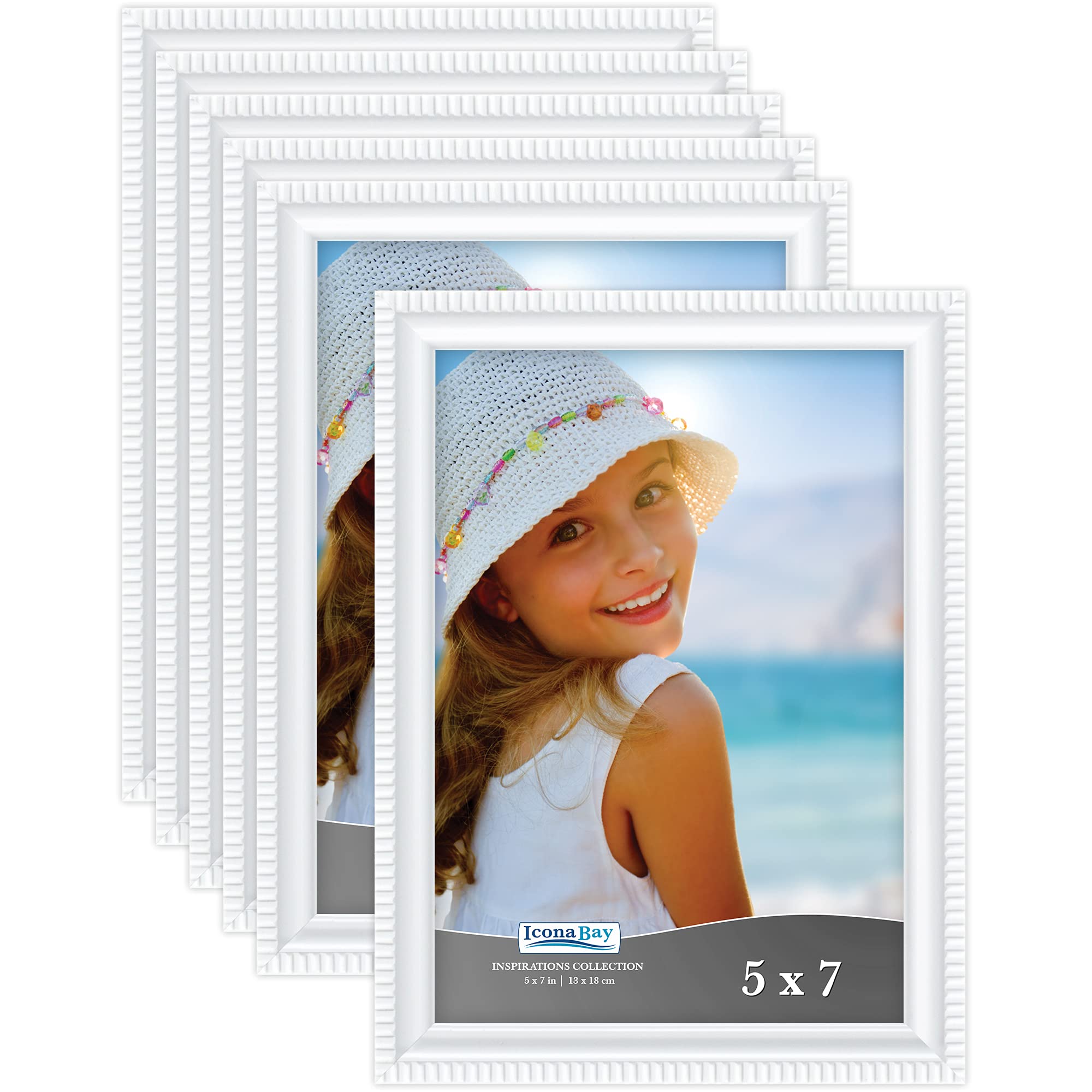 Icona Bay - 7x5 inch Picture Frames - White, 6 Pack - Beautifully Detailed Moulding - Contemporary Picture Frame Set - Wall Mount or Table Top - Inspirations Collection