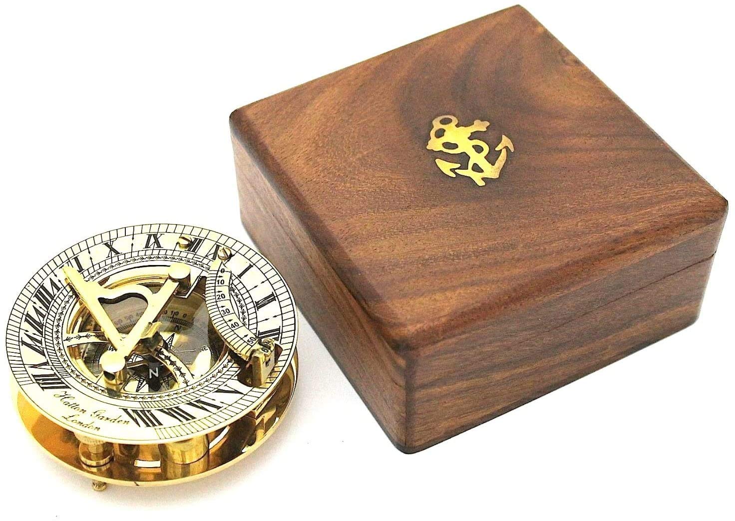 Nautical Replica Hub Solid Brass Sundial and Compass in Hardwood BOX - Polished brass sundial compass