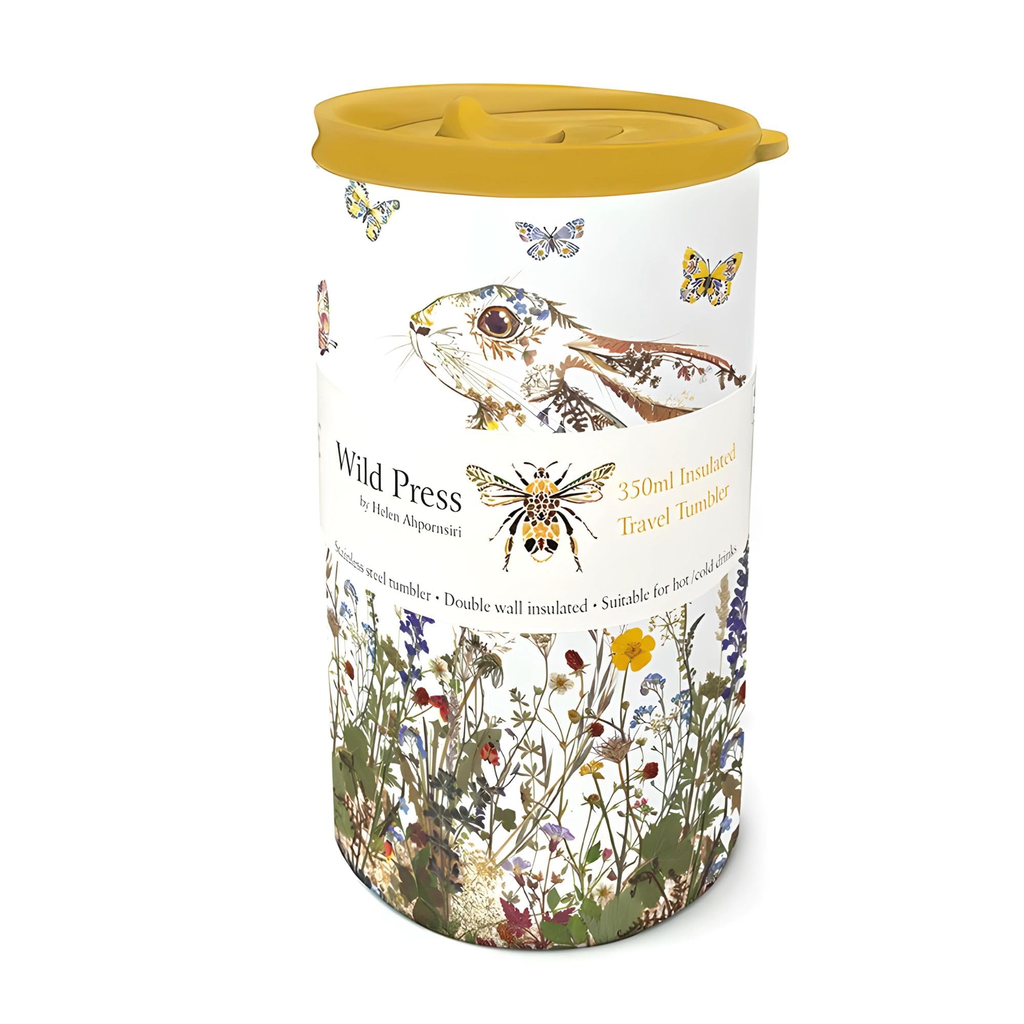 Museums & Galleries Insulated Travel Tumbler - Hare and Wildflowers - Floral Wild Press Design - 350ml Stainless Steel Cup - Re-Usable Mug