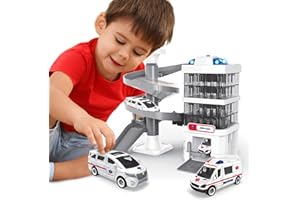 AMAMA Car Garage Toy, Car Tracks for Boys with 2 Ambulances and Lights & Sounds, 21 Pcs Kids Toy Car Ramp Rescue Station with Building Instructions, for Toddlers Boys Girls 3+