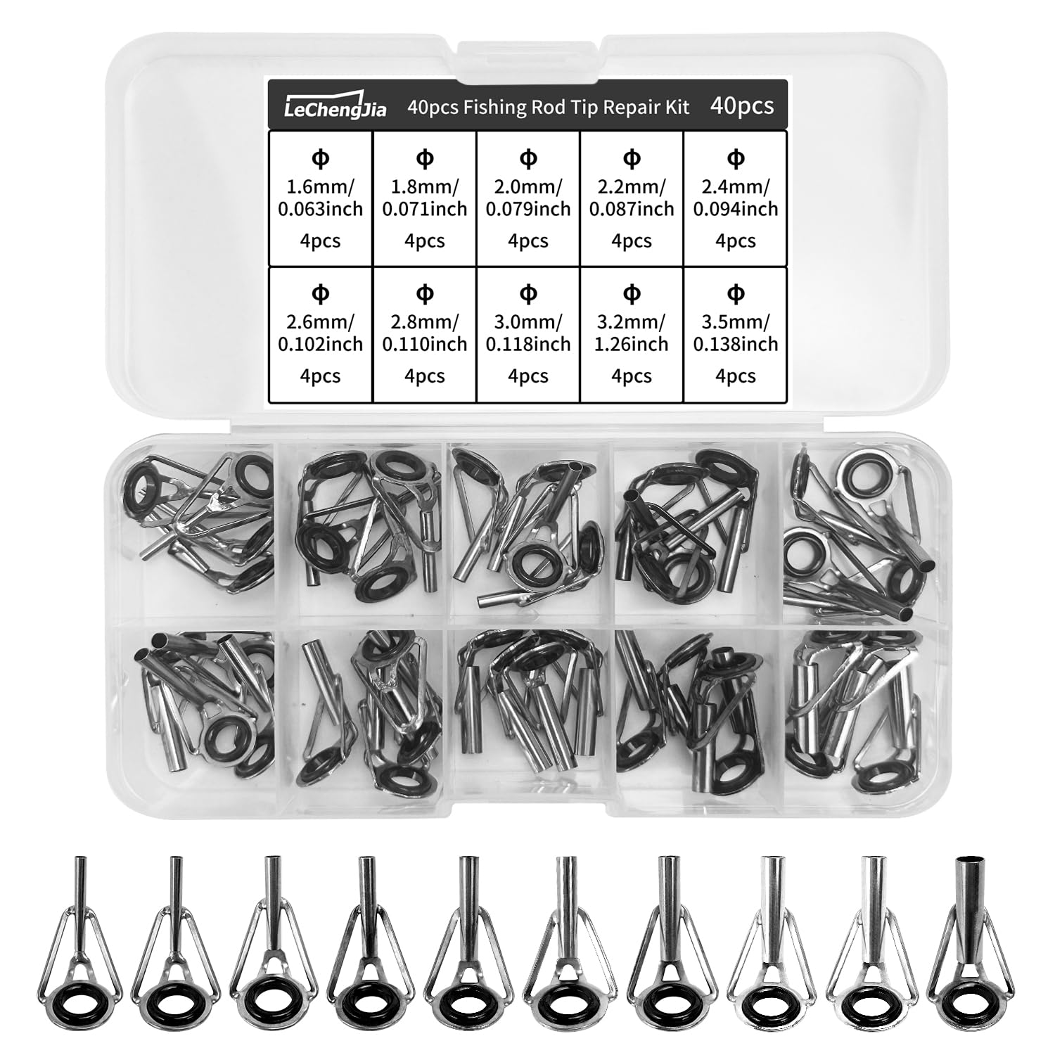 Lechengjia 40 Pcs Fishing Rod Tip Repair Kit, 1.6-3.2mm Stainless Steel Rod Tip Replacement with Plastic Box Fishing Rod Ceramic Guide Rings for Freshwater Saltwater Fishing Lovers (Black, 10 Sizes)