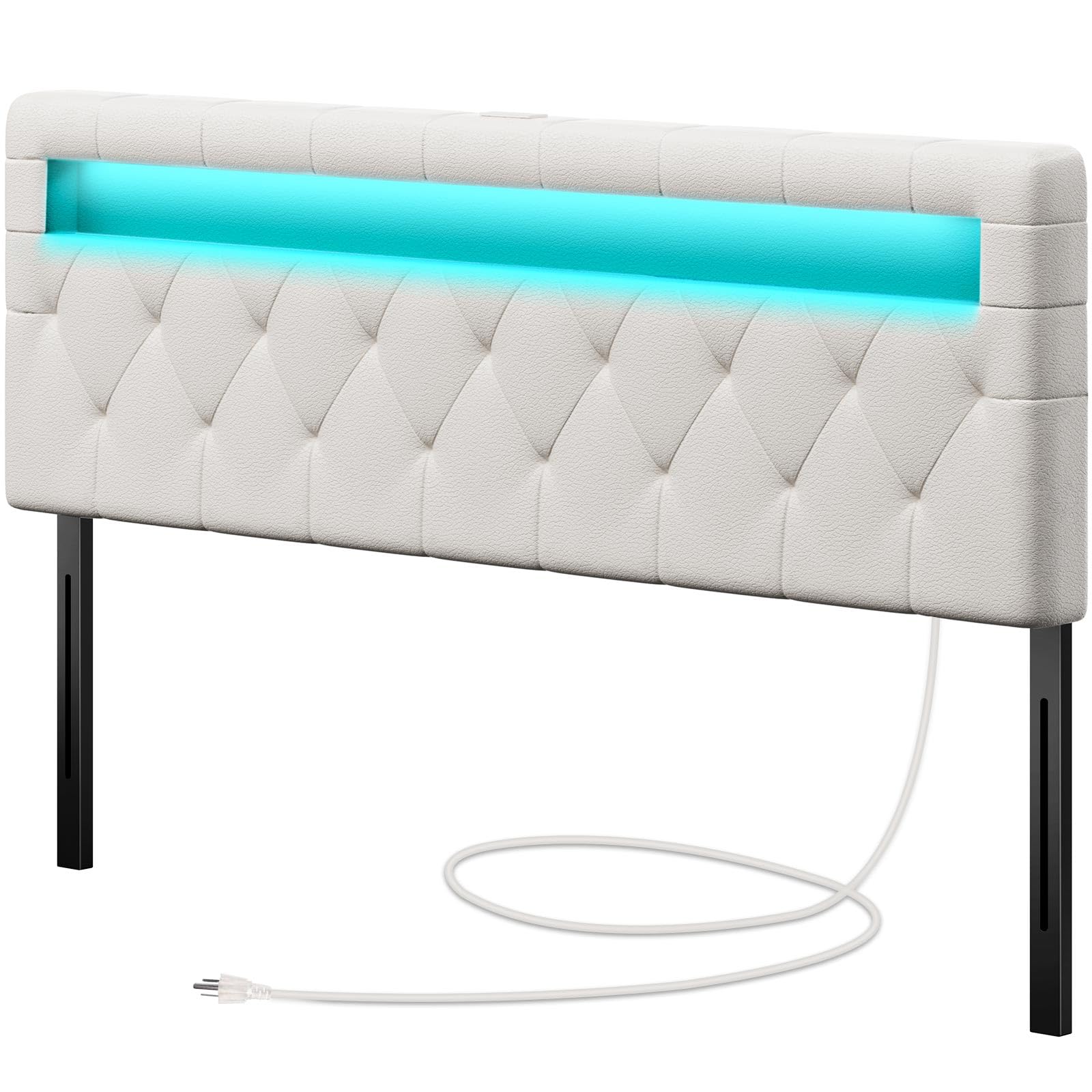 GREENSTELL Headboard for Queen Size Bed with 60,000 DIY Color of LED Light, USB & Type C Post, Attach Frame, Height Adjustable, White Leather Wall Mounted Head Boards Only, Sturdy & Stable, Queen Image