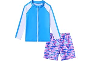 SUNFOCUS Boys Two Piece Swim Set Zipper Rash Guard Swimsuits Long Sleeve Bathing Suit for 4-12 Years