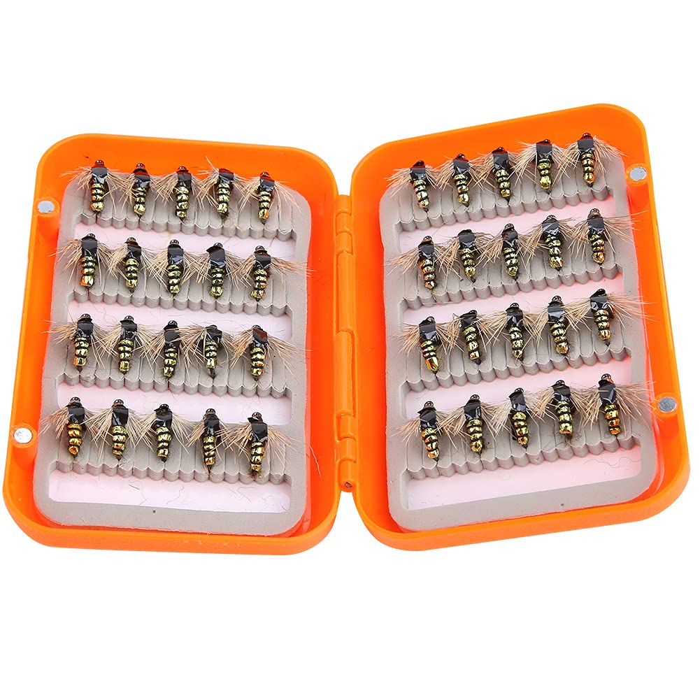 Alomejor 40pcs Fly Fishing Lures Lifelike Fly Fishing Flies Trout Flies Lures Hooks Fly Fishing Kit Box for Fresh Water Saltwater Fishing(Gold)