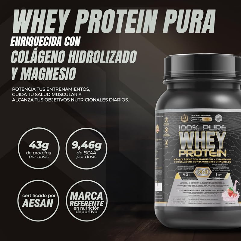 Whey Protein Healthy Fusion | Proteína pura con Colágeno, Magnesio y Vitamina B6 | 43g proteína + 9g BCAA | Mejora tus entrenamientos, aumenta masa muscular y fortalece articulaciones | 1 kg