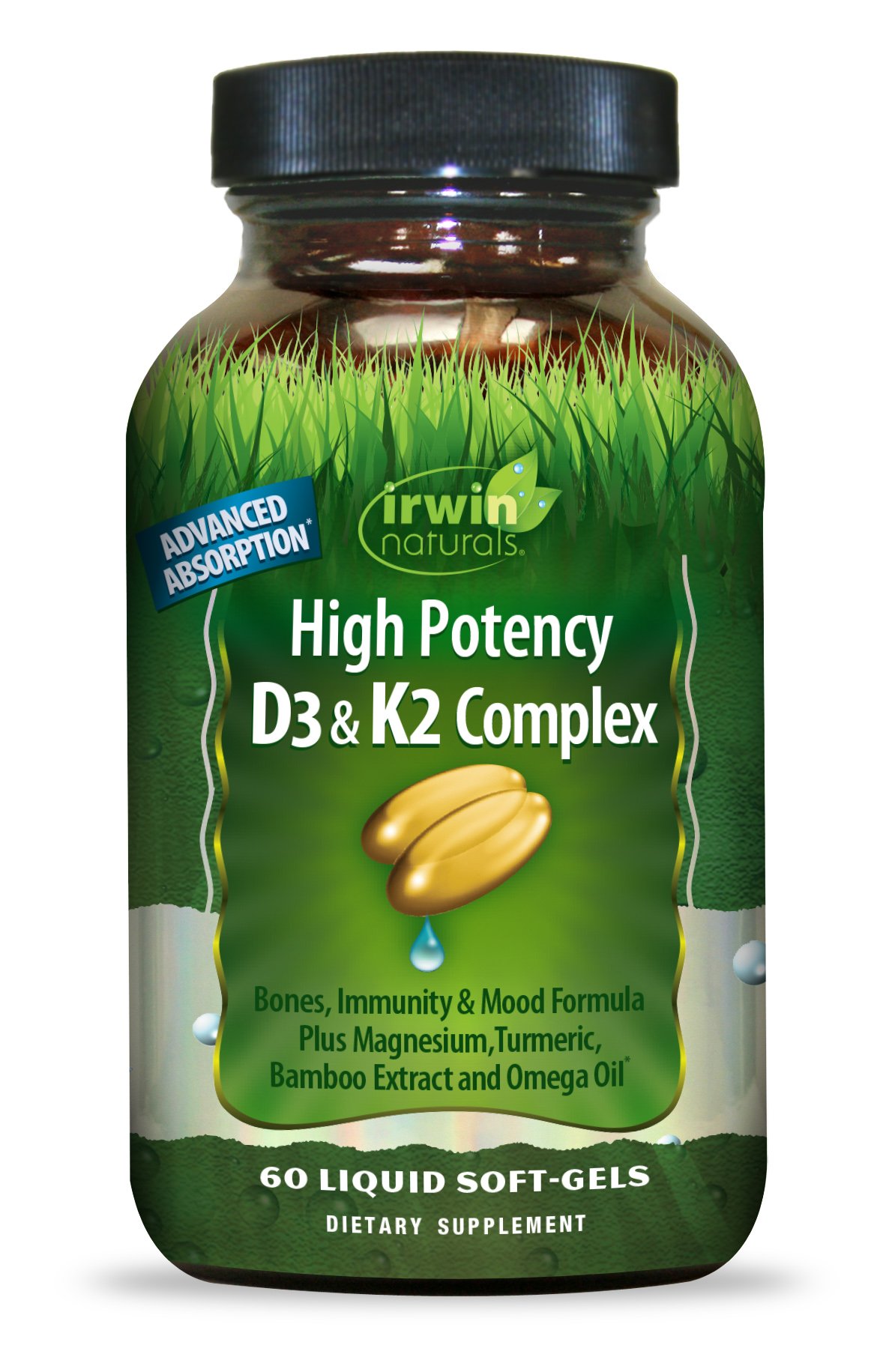 Irwin Naturals High Potency Mega D3 & K2 + Turmeric Extract for Healthy Bones, Immune Function & Positive Mood - Advanced Absorption with Magnesium, Turmeric, Bamboo & Omega Oil - 60 Liquid Softgels