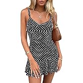 Wenrine Womens Spaghetti Strap Mini Dresses Casual Sleeveless V Neck Polka Dot Ruffle Summer Beach Dress