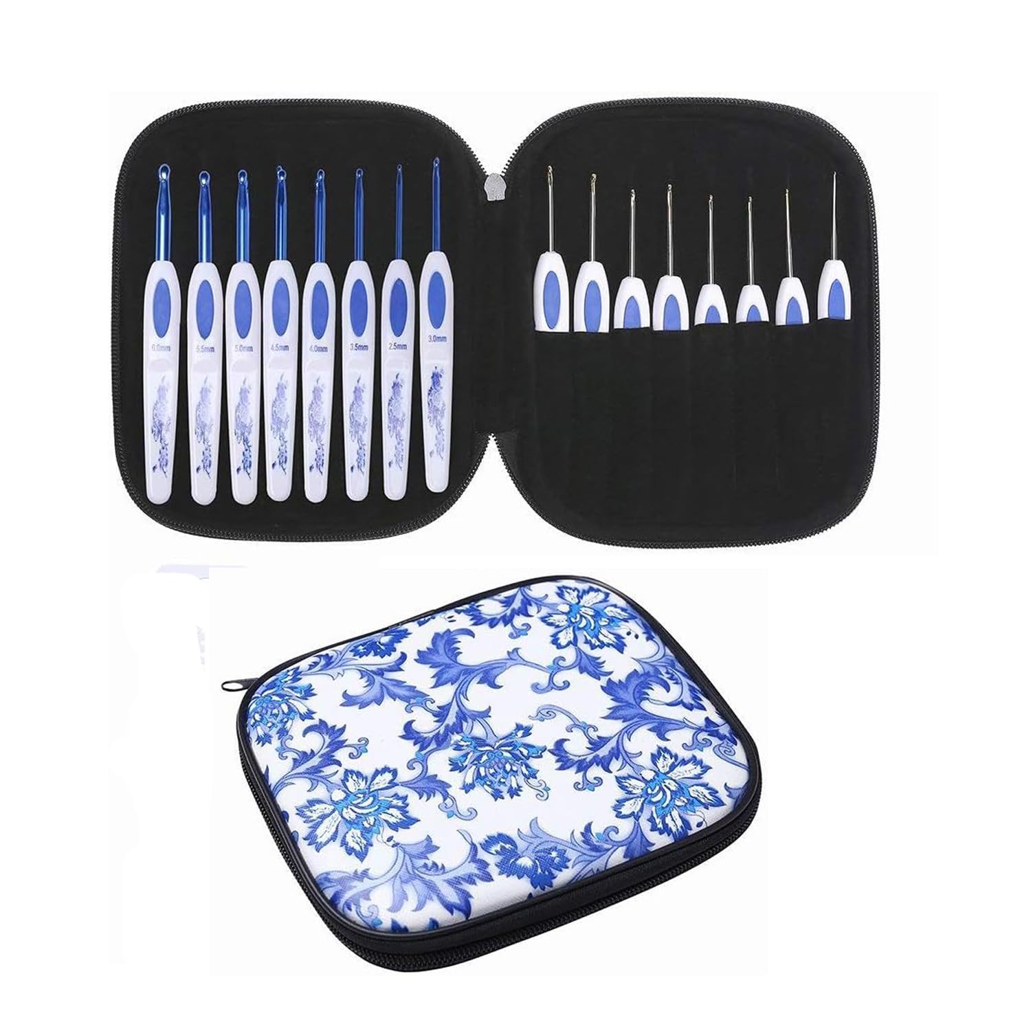 Demoyaya 16 Pcs Crochet Hooks Set, Non-Slip Handle, Knitting Needles with Case, Soft Easy Grip Ergonomic Handles for Arthritis Full Sets, Crochet Kits with Blue and White Porcelain Sheath