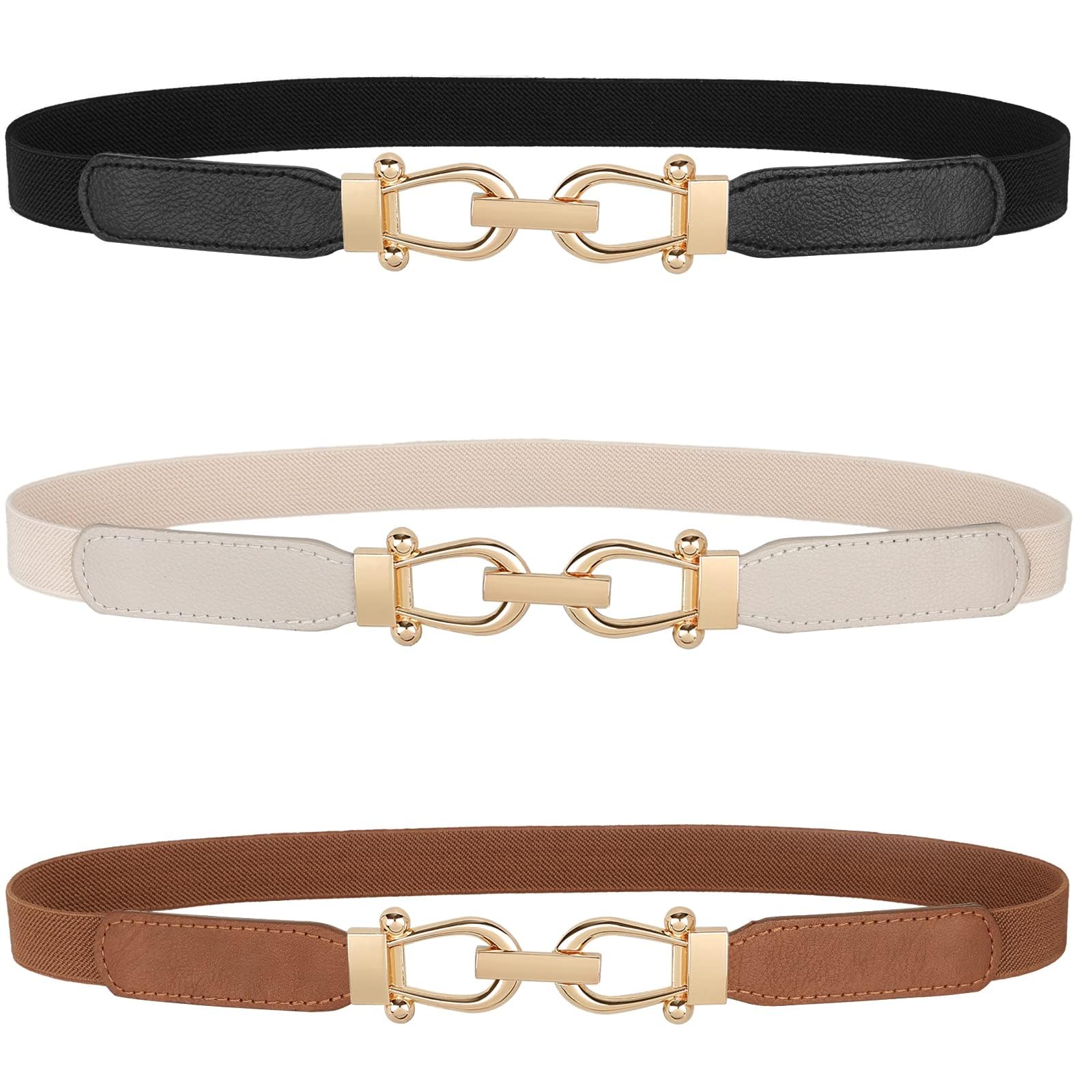 Photo 1 of JASGOOD Women Skinny Elastic Belt for Dresses,Thin Retro Stretch Waist Belt with Golden Buckle 3 Pack,Black+Brown+Beige