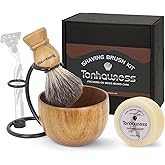 Shaving Brush Kit For Men, 4 In 1 Shaving Brushes Set Includes Badger Hair Shaving Brush, Wood Bowl, Stainless Steel Shaving Stand and Goat Milk Shaving Soap