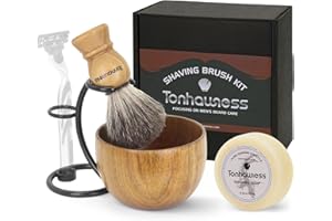 TONHAWNESS Shaving Brush Kit For Men, 4 In 1 Shaving Brushes Set Includes Badger Hair Shaving Brush, Wood Bowl, Stainless Steel Shaving Stand and Goat Milk Shaving Soap