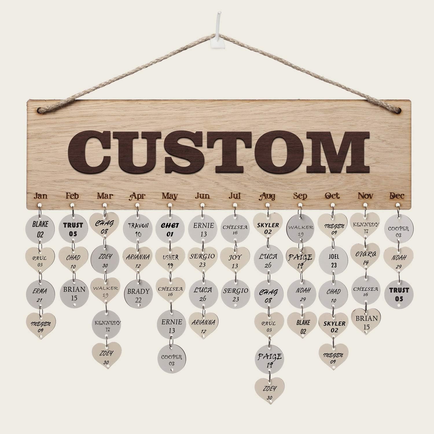 Weenca 3D Oak Veneer Wall Hanging Family & Friends Birthday Calendar with Tags Rustic Wall Decor Easy to Assemble for Mom & Family Lovely Wall Decor for Sweet Home (Custom Text)