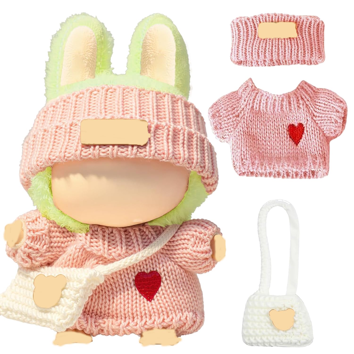 SHUOXUKE for Dolls Clothes Outfit Set for 17cm Dolls (No Doll)，3-Piece Handcrafted Crochet Accessories with Pink Heart Sweater& Hat & White Bag