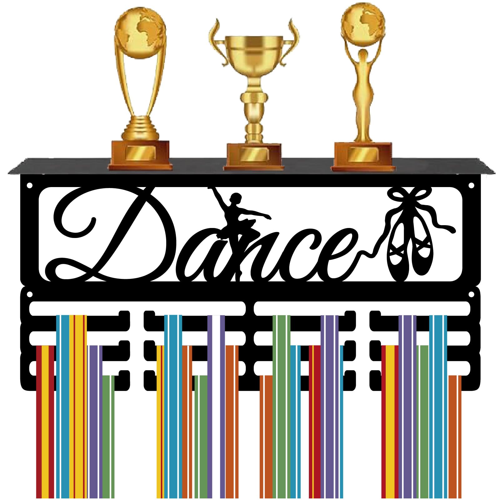 CREATCABIN Dance Medal Holder with Shelf Medal Hanger Display Trophy Shelf Stand Ballet Dancer Sports 4 Rows Metal Hanging Wall Mount Frame Hold 70+ Medals for Ribbon Medals Rack Black 15.7x7.9Inch